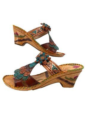 Elite By Corkys Navajo Brown Turquoise Native Boho Slip On Sandal Shoe Womens 11